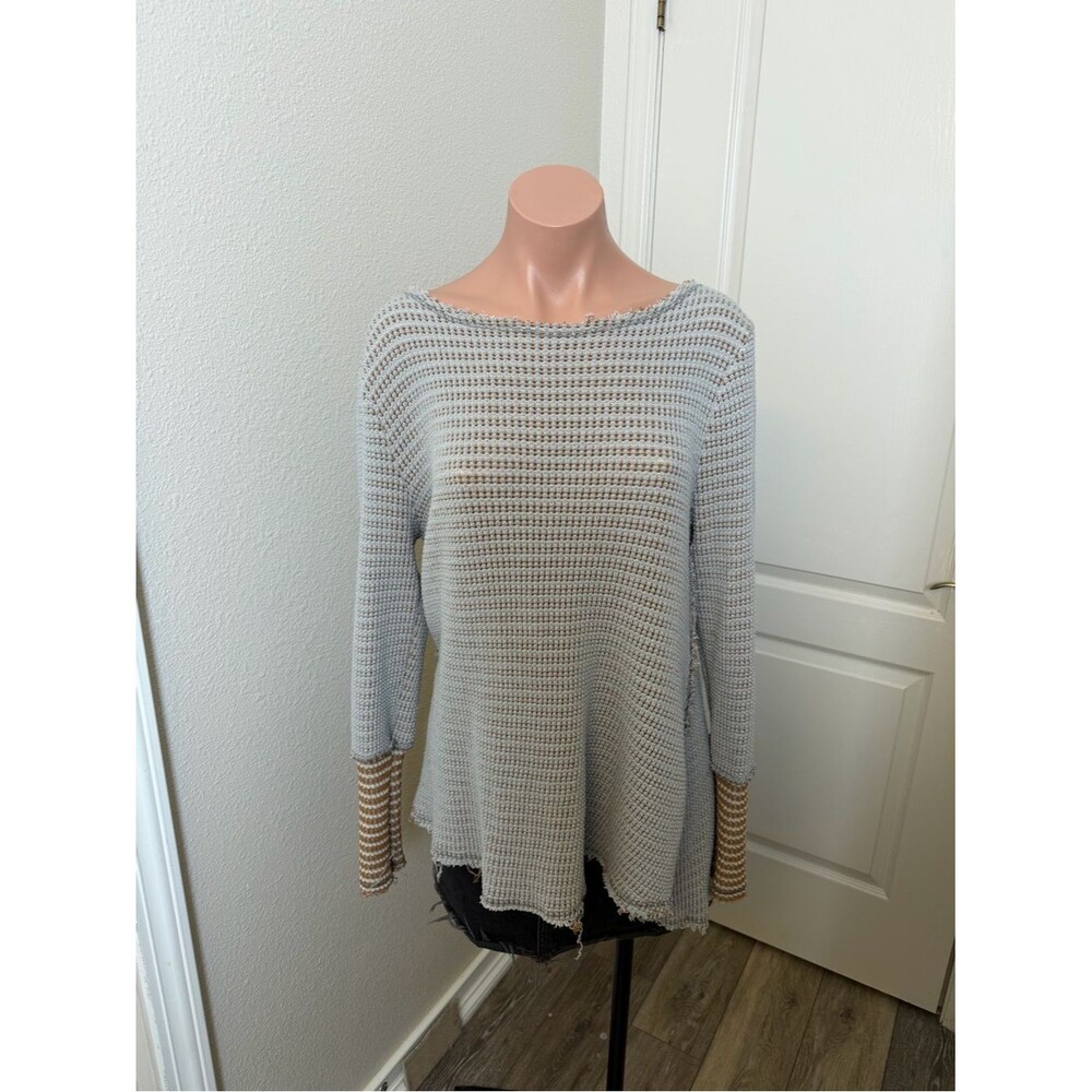Gimmicks Light Gray Open Knit Sweater with Striped Cuffs Sz L